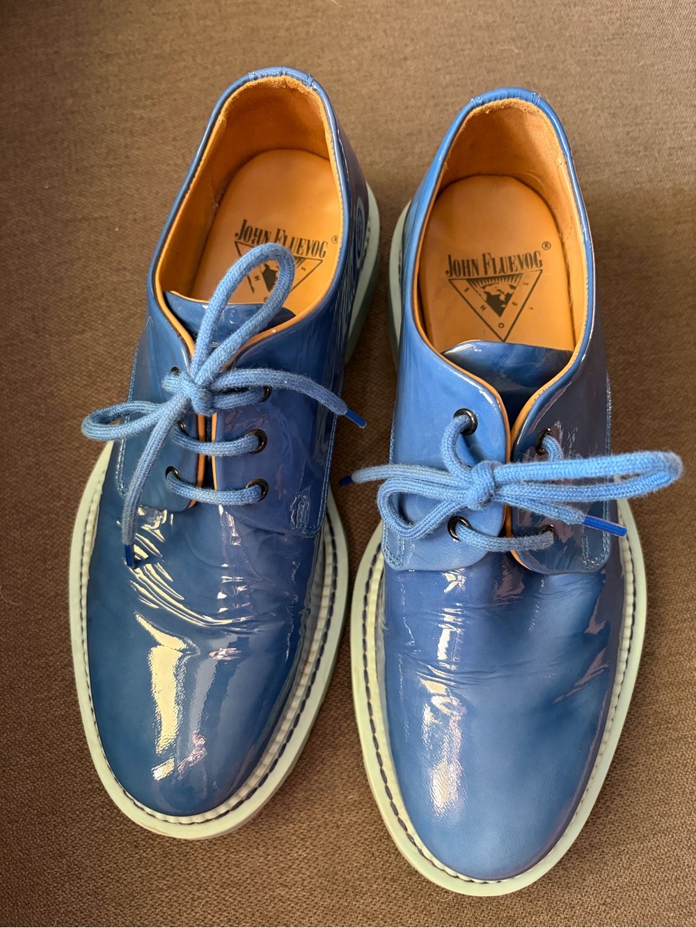 John Fluevog Blue Patent Leather Derby Shoes with Light Blue Sole